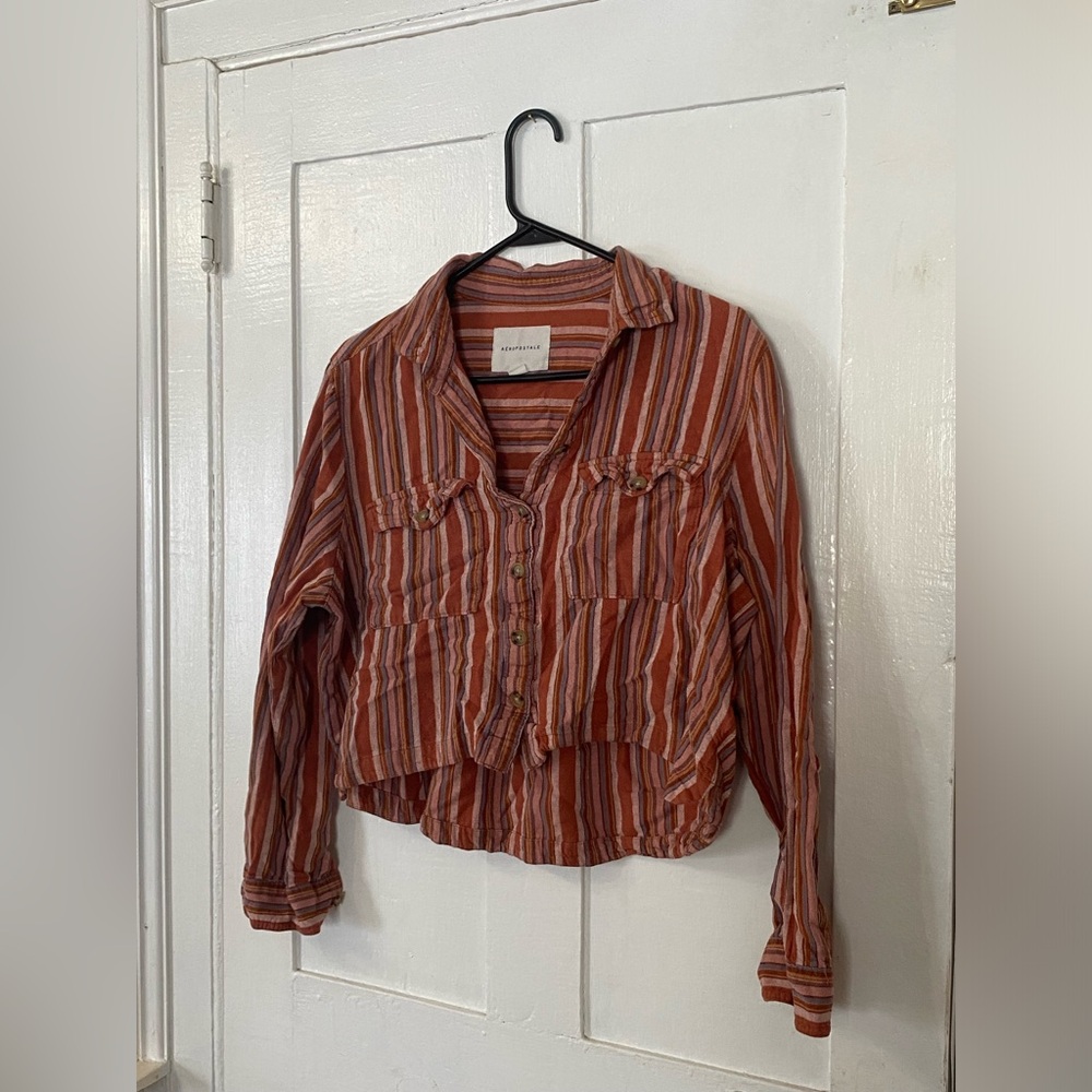 Aeropostale Rust Orange and Purple Earthy Tones Striped Long Sleeve Crop Top